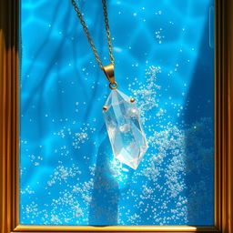 A beautiful crystal necklace partially submerged in clear blue water, surrounded by sparkling glitter