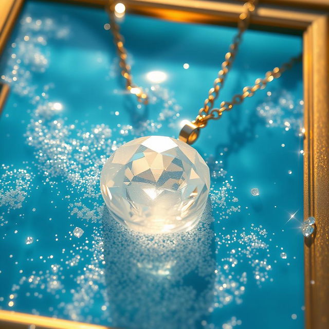 A beautiful crystal necklace partially submerged in clear blue water, surrounded by sparkling glitter