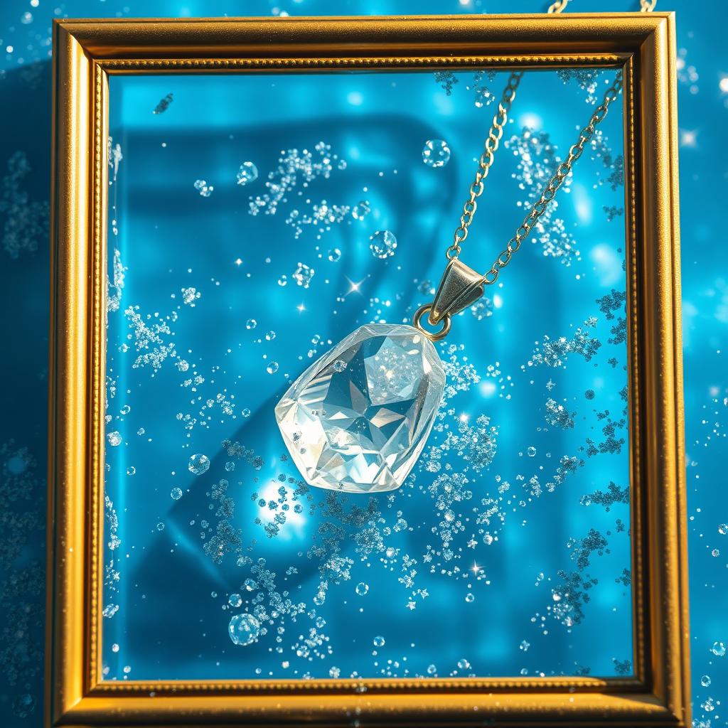 A beautiful crystal necklace partially submerged in clear blue water, surrounded by sparkling glitter