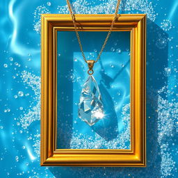 A beautiful crystal necklace partially submerged in clear blue water, surrounded by sparkling glitter