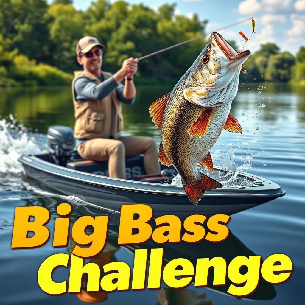 An exciting 3D scene featuring a fisherman catching a giant 13-pound bass from a sleek, modern boat