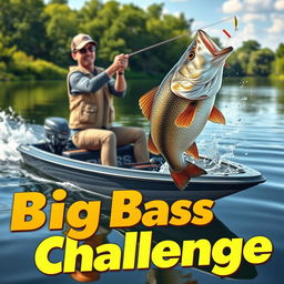 An exciting 3D scene featuring a fisherman catching a giant 13-pound bass from a sleek, modern boat