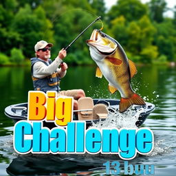 An exciting 3D scene featuring a fisherman catching a giant 13-pound bass from a sleek, modern boat