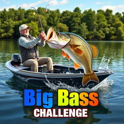 An exciting 3D scene featuring a fisherman catching a giant 13-pound bass from a sleek, modern boat