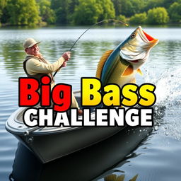 An exciting 3D scene featuring a fisherman catching a giant 13-pound bass from a sleek, modern boat