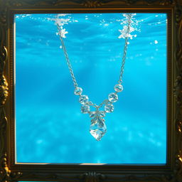 A beautiful crystal necklace gracefully submerged in clear blue water, surrounded by sparkling glitter