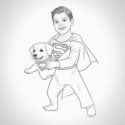 A heartwarming, two-dimensional black and white outline of a puppy dressed as Superman, joyfully playing with a child for a colouring page.