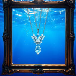 A beautiful crystal necklace gracefully submerged in clear blue water, surrounded by sparkling glitter