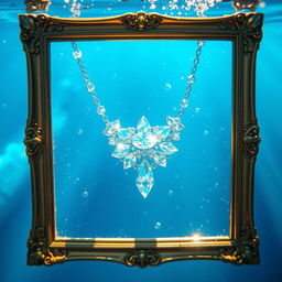 A beautiful crystal necklace gracefully submerged in clear blue water, surrounded by sparkling glitter