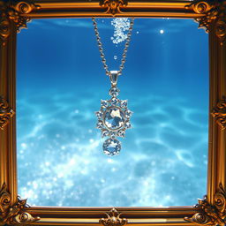 A beautiful crystal necklace gracefully submerged in clear blue water, surrounded by sparkling glitter