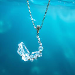 A beautiful crystal necklace gracefully submerged in clear blue water, surrounded by shimmering glitter that twinkles in the light