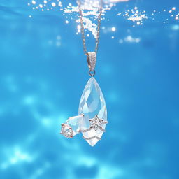 A beautiful crystal necklace gracefully submerged in clear blue water, surrounded by shimmering glitter that twinkles in the light