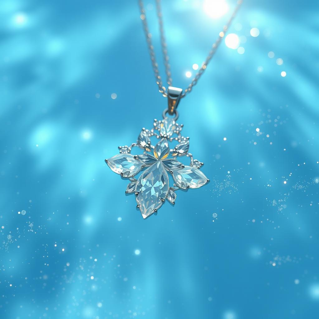 A beautiful crystal necklace gracefully submerged in clear blue water, surrounded by shimmering glitter that twinkles in the light