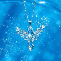 A beautiful crystal necklace gracefully submerged in clear blue water, surrounded by shimmering glitter that twinkles in the light