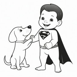 A heartwarming, two-dimensional black and white outline of a puppy dressed as Superman, joyfully playing with a child for a colouring page.