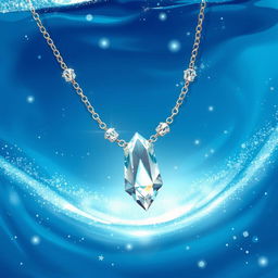 An artistic illustration of a beautiful crystal necklace submerged in clear blue water, surrounded by sparkling glitter