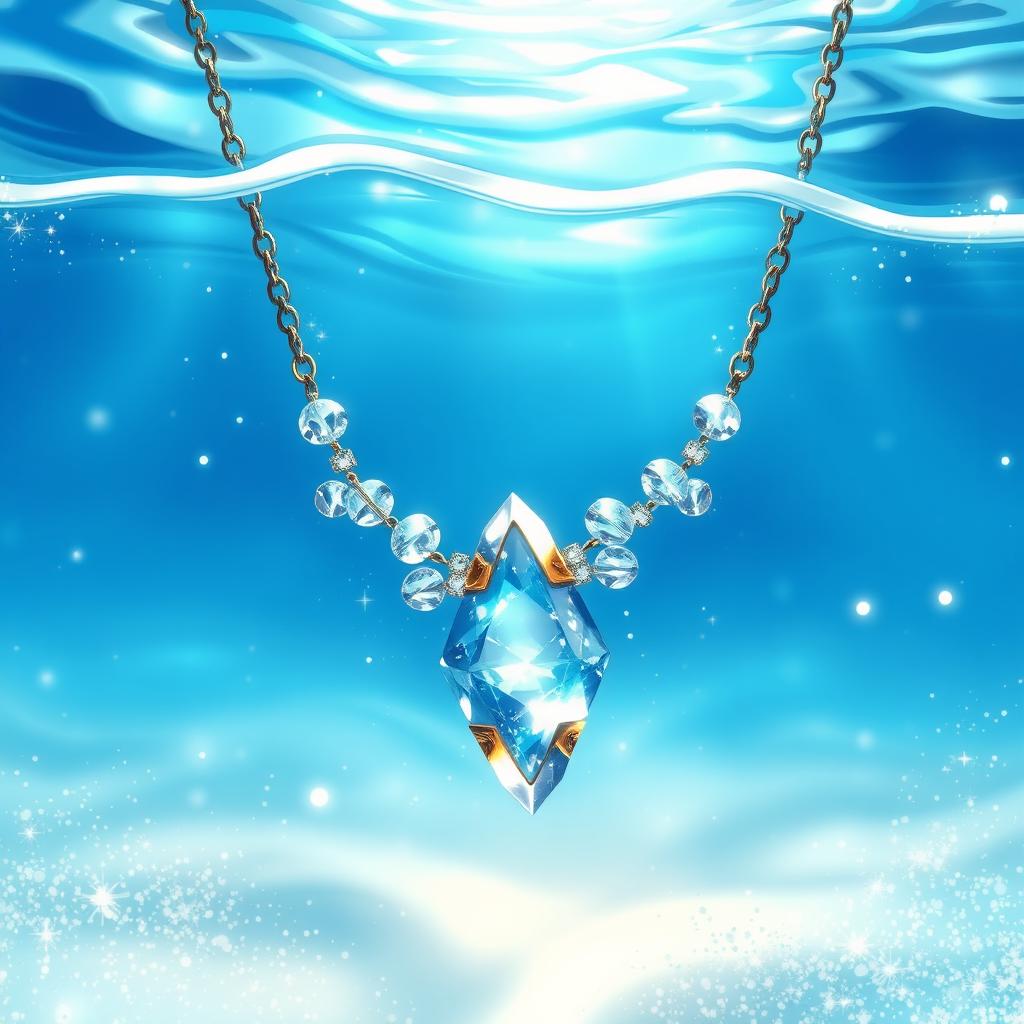 An artistic illustration of a beautiful crystal necklace submerged in clear blue water, surrounded by sparkling glitter