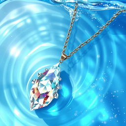 An artistic illustration of a beautiful crystal necklace submerged in clear blue water, surrounded by sparkling glitter