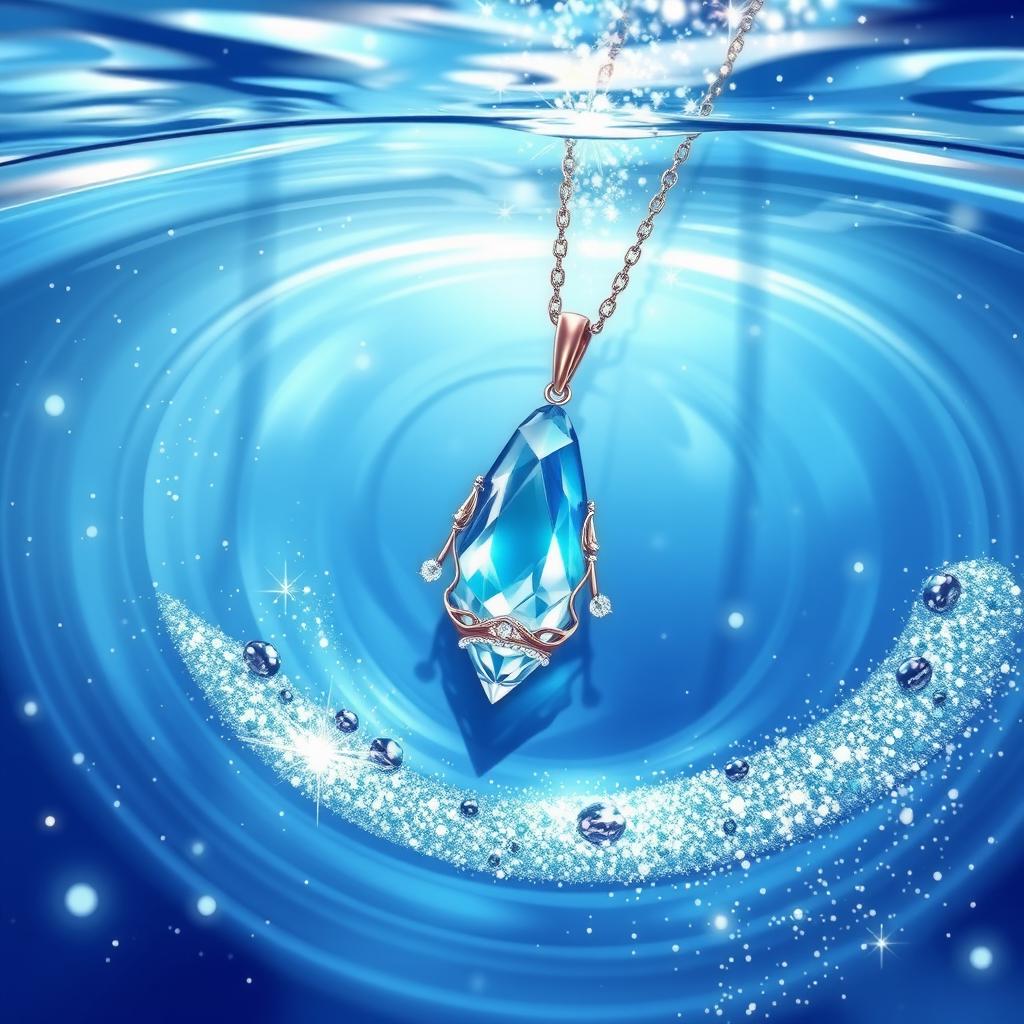 An artistic illustration of a beautiful crystal necklace submerged in clear blue water, surrounded by sparkling glitter