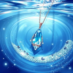 An artistic illustration of a beautiful crystal necklace submerged in clear blue water, surrounded by sparkling glitter