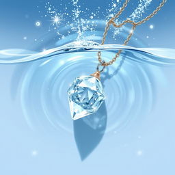 An artistic illustration of a beautiful crystal necklace submerged in clear water, surrounded by sparkling glitter