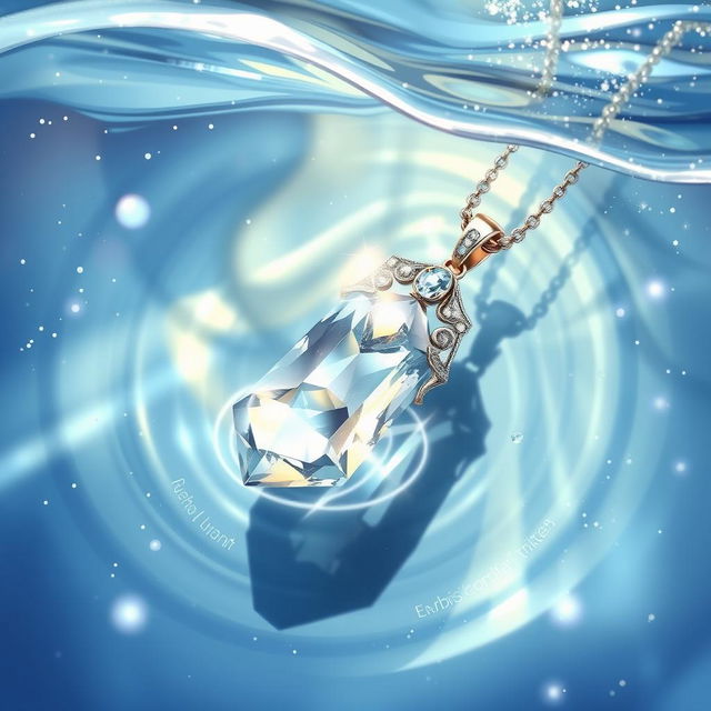 An artistic illustration of a beautiful crystal necklace submerged in clear water, surrounded by sparkling glitter