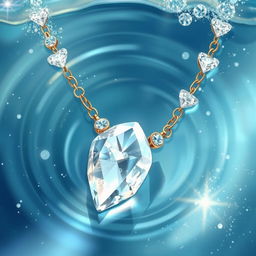 An artistic illustration of a beautiful crystal necklace submerged in clear water, surrounded by sparkling glitter