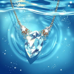 An artistic illustration of a beautiful crystal necklace submerged in clear water, surrounded by sparkling glitter