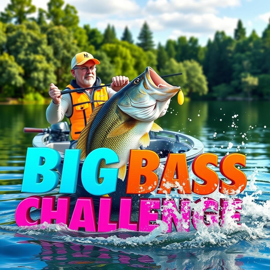 A vibrant 3D scene showcasing a fisherman catching a 13-pound bass from a modern fishing boat