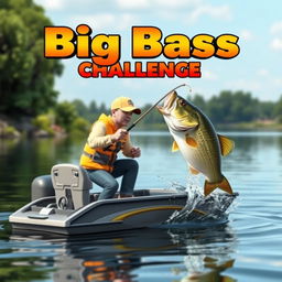 A captivating 3D scene featuring a fisherman poised to catch a 13-pound bass from a modern fishing boat