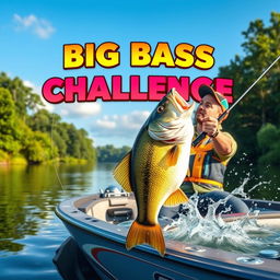 A captivating 3D scene featuring a fisherman poised to catch a 13-pound bass from a modern fishing boat