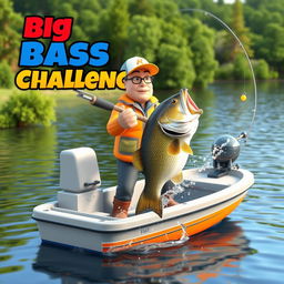 A captivating 3D scene featuring a fisherman poised to catch a 13-pound bass from a modern fishing boat