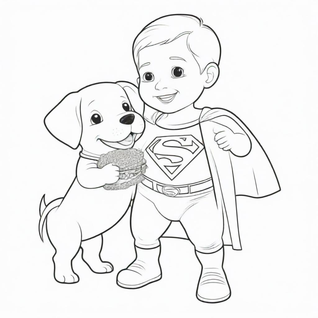 A delightful, two-dimensional black and white outline of a puppy dressed as Superman and a child happily sharing a hamburger for a colouring page.