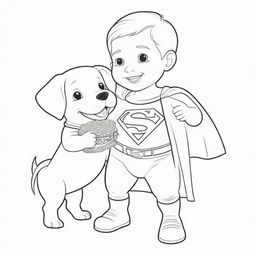 A delightful, two-dimensional black and white outline of a puppy dressed as Superman and a child happily sharing a hamburger for a colouring page.