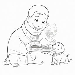 A delightful, two-dimensional black and white outline of a puppy dressed as Superman and a child happily sharing a hamburger for a colouring page.