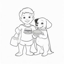 A delightful, two-dimensional black and white outline of a puppy dressed as Superman and a child happily sharing a hamburger for a colouring page.