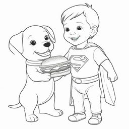 A delightful, two-dimensional black and white outline of a puppy dressed as Superman and a child happily sharing a hamburger for a colouring page.