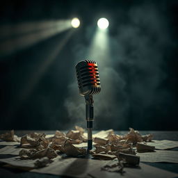 A dramatic scene inspired by a cinematic film atmosphere, featuring a burnt microphone as a central object in focus