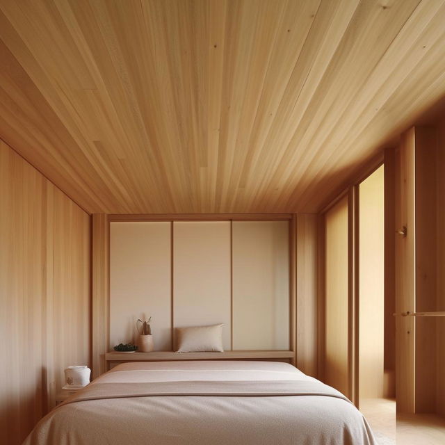 A serene, all-wood bedroom with minimalist design elements creating a relaxing eye-soothing ambiance.