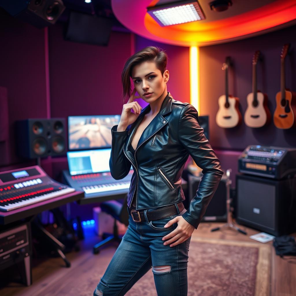 A music composer, confidently striking a sexy pose in a modern music studio, surrounded by high-end equipment and musical instruments