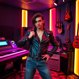 A music composer, confidently striking a sexy pose in a modern music studio, surrounded by high-end equipment and musical instruments