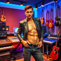 A music composer, confidently striking a sexy pose in a modern music studio, surrounded by high-end equipment and musical instruments