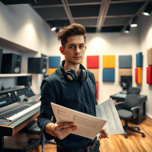 A music composer standing confidently in a modern recording studio, striking a cool pose