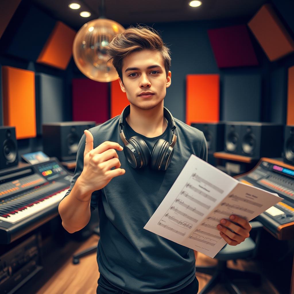 A music composer standing confidently in a modern recording studio, striking a cool pose