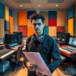 A music composer standing confidently in a modern recording studio, striking a cool pose