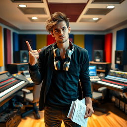 A music composer standing confidently in a modern recording studio, striking a cool pose