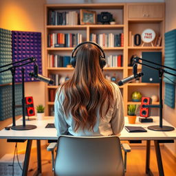 A stylish podcast studio featuring a young woman sitting at a modern desk with her back facing the viewer