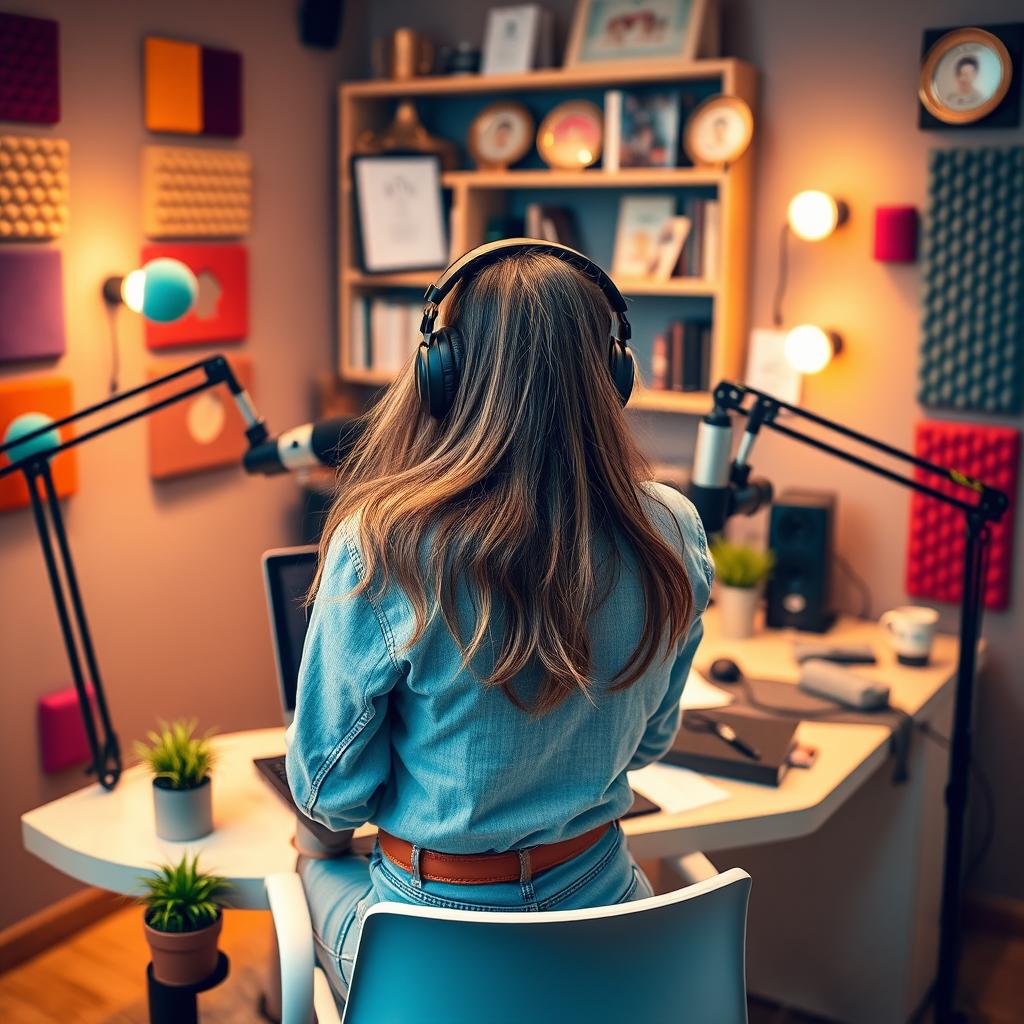 A stylish podcast studio featuring a young woman sitting at a modern desk with her back facing the viewer