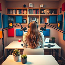 A stylish podcast studio featuring a young woman sitting at a modern desk with her back facing the viewer