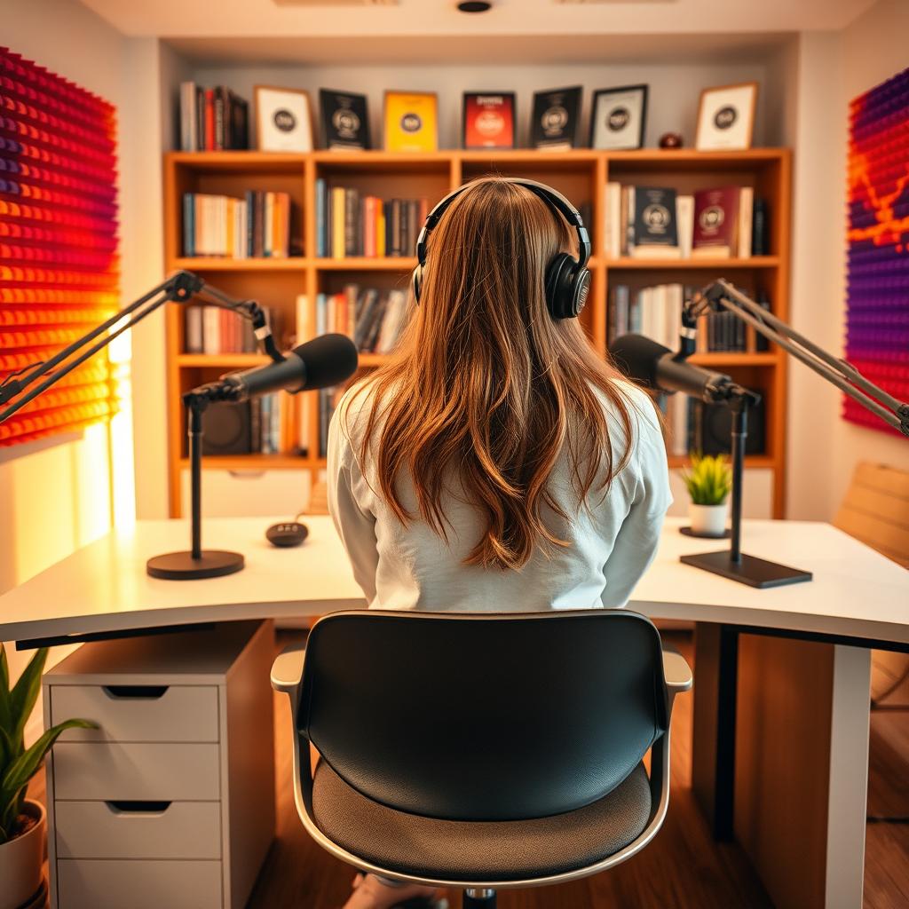 A stylish podcast studio featuring a young woman sitting at a modern desk with her back facing the viewer